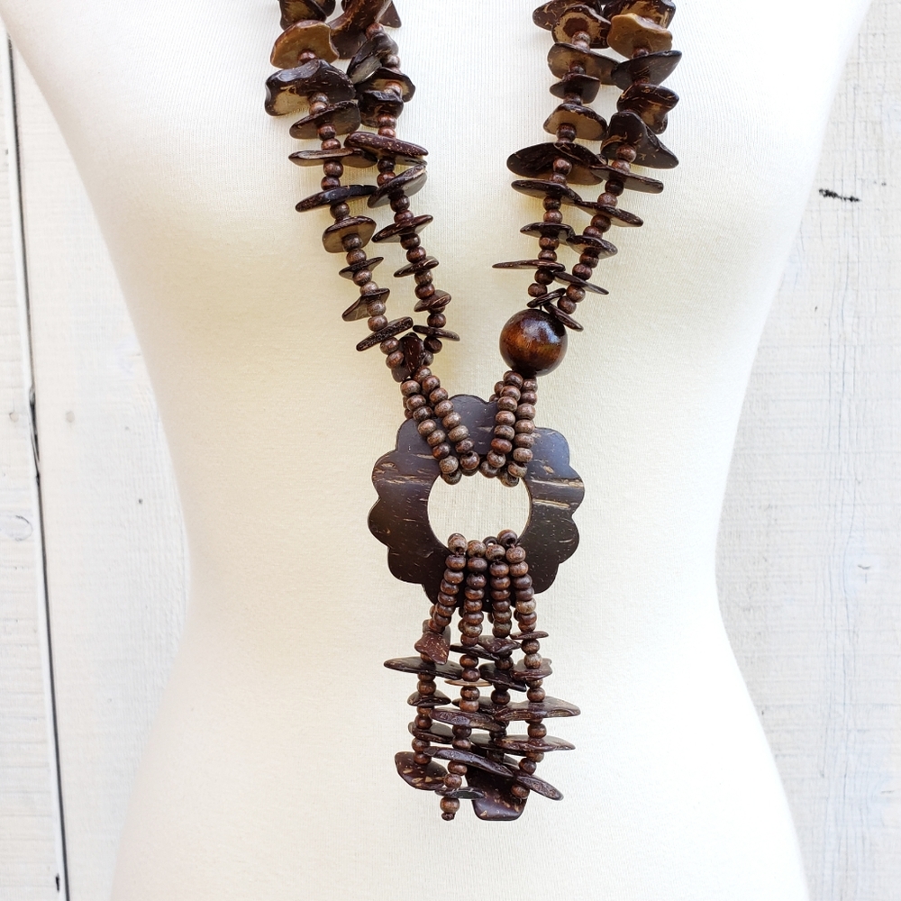 Vintage Statement Hand Made Coconut Shell Wooden … - image 4